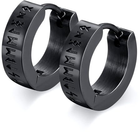 Nordischer Wikinger Hoop Ohrring Herren - Amulett Schutz Schmuck Geschenke Edelstahl Herren Ohrstecker mit Nordic Elder Futhark Runen,Schwarz,1 Paar,