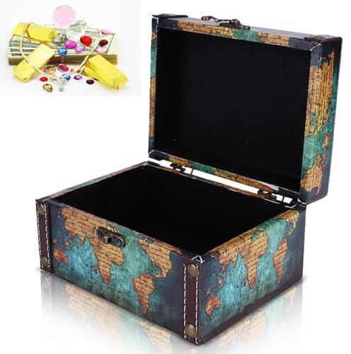 Cyrank Vintage Wooden Storage Box Case,Wood Box with Lid,Map Pattern Decorative Jewelry Trinket Box Keepsakes Organizer,Small Wooden Box for Crafts,6.4 x 4.9 x 3.5inch
