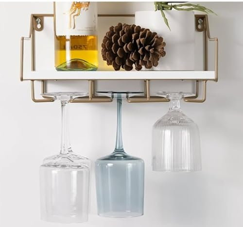 Navaris Portabottiglie da parete – con supporto in vetro per appendere 6 bicchieri – ripiano bianco e oro per esporre bottiglie – 45 x 13 x 10 cm (17,7 x 5,1 x 3,9 pollici)