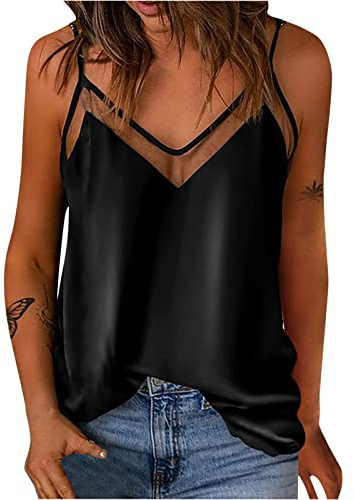 HAOLEI Camisole Tops for Women UK,Sexy V Neck Mesh Top Satin Silk Spaghetti Strap Shirts Loose Fit Sleeveless Summer Tops Sling Vest Cami Tee Tank Top Camisoles & Vests for Ladies Clearance