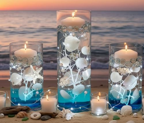 150 Floating Seashells White with Few Mixed- Coral Reef- Pearls- Aqua Beads- 6 Submersible LED Fairy Lights Strings White (Hidable Submersible Batteries)- Fills 2 Gallons of the Transparent Water Gels