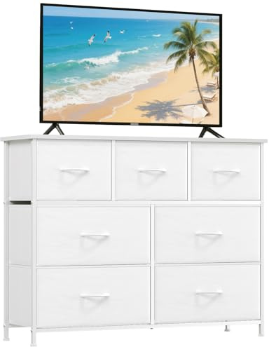 Somdot Kommode mit Schubladen, Stoffkommode, Kommode für Schlafzimmer Wohnzimmer Flur, Komodenschrank Schubladenschrank Aufbewahrungsschrank, 7 Stoffschubladen, Weiß