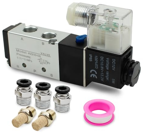 Innfeeltech 1 st elektrisk pneumatisk magnetventil 4V210-08-DC12V 5 sätt 2 position BSP 1/8 med 3 st PC6-02 och 2 Silencer och 1 rött teflonband