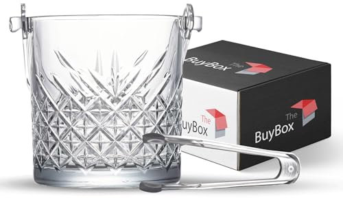 Secchiello Ghiaccio in Vetro con Manico e Pinze, Set di Secchielli in Vetro, Glacette per Vino o Champagne, Secchielli per Rakı, Whisky, Barbecue, Feste, Bar, Discoteche 1,1 Litri