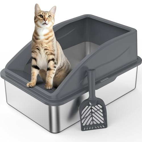 FURTIME Stainless Steel Cat Litter Tray Grey with Detachable Enclosure, 26cm High Sided Cat Litter Box Anti-Spillage and 58cm Extra Large Litter Tray for All Cats, with Litter Scoop, 58x37x26cm