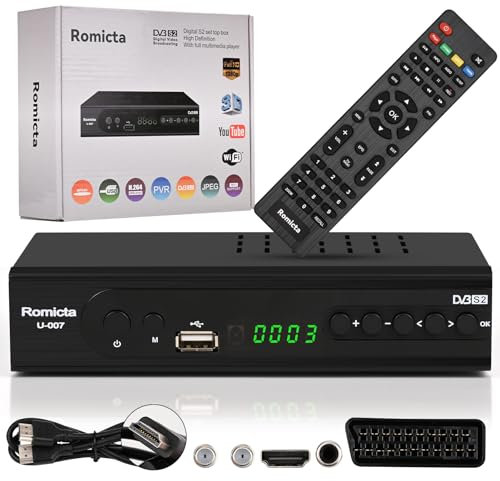 Romicta HD Receiver für Satelliten, Sat Receiver mit HDMI, DVB-S/S2, PVR, EPG, SCART, USB Mediaplayer, HDTV, YouTube, Wetter, Schwarz - HDTV Satelliten Receiver