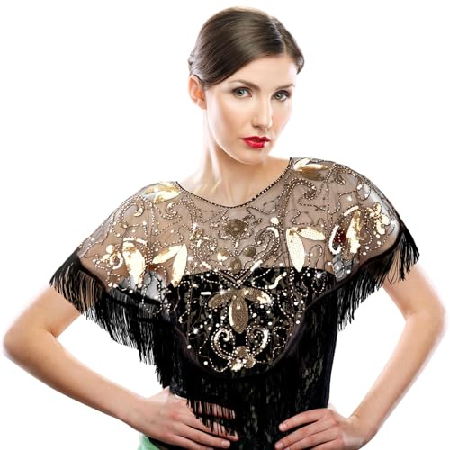 GADITIEK Femme Étole en Sequin et Châle, Boléro et Châle pour Robes de Soirée et de Mariage, Châle Années 20 Femme Gatsby, Élégante Cape Douce Cardigan Vintage 1920's Étole (or noir)