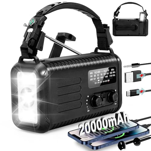 Radio di emergenza a manovella da 20000 mAh/74000 mWh, radio meteorologica AM/FM/NOAA, radio solare alimentata a batteria con caricabatterie per telefono USB, lampada da lettura torcia e SOS per