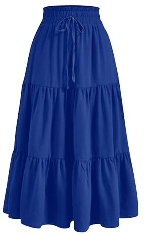 Women Skirts Solid Color Floral Drawstring Elasticated High Waist Midi Skirts for Women Vintage Skirt Summer Long Dresses Elegant A-Line Beach Skirt,Royal Blue,XL,u431k