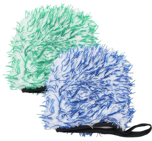 Guegine 2 Pieces Car Wash Mitt Wash Mitt for Car Washing Soft and Water-Absorbing, Anti-Scratch, Efficient Cleaning, Finger Design, Suitable for Delicate Cleaning (Green White/Blue White/15 * 13cm)