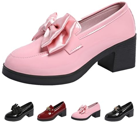 Décolleté Mary Jane da donna con fiocco, carino, elegante, ortopedico, tacco a blocco, in pelle, mocassino elegante, per San Valentino, rosa, 35.5 EU