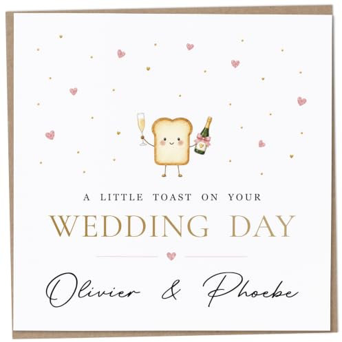 Personalised Wedding Card for Couple, Funny Cute Toast Design, Custom Names | Wedding day card personalised with names, printed on 400gsm card with recycled Kraft envelope