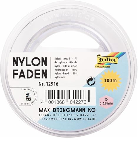 folia 12916 – Nylontråd på spole, transparent, ca 0,16 mm x 100 m, lastkapacitet 0,85 kg, knappt synlig tråd, perfekt för mobiler, smycken, dekoration etc.