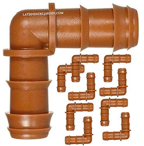 Suinga Pack 10 Codo Riego por Goteo 16mm | Codo conector tuberia 16 mm | Codo Goteo para Manguera de Riego 16mm, marrón