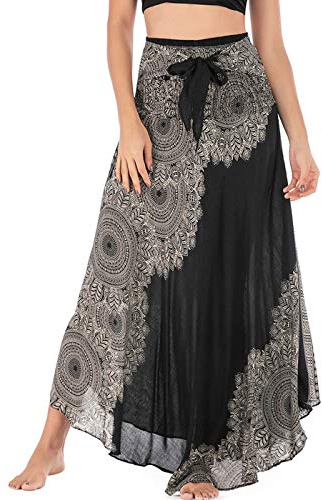 FEOYA Mujer Vestido Maxi Falda de Playa 2 en 1 Bohemio Grande Swing Vacaciones Primavera Verano Estilo Étnico Largas Enaguas Informales