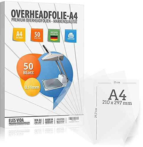 50 Blatt Overheadfolie PEMIUM - DIN A4 transparent - Für LASERdrucker, Kopierer - OHP Folien extra dick - Hochwertige Druck- und Projektions-Qualität - MADE IN GERMANY
