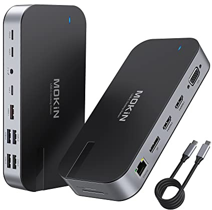 MOKiN Station emplacements d'accueil USB C Double HDMI, Docking Station 16 en 1 Adaptateur avec Dual HDMI, DP, VGA, 5 Ports USB, Ethernet gigabit, USB C Data, PD 100W, SD/microSD, Audio pour Dell/HP