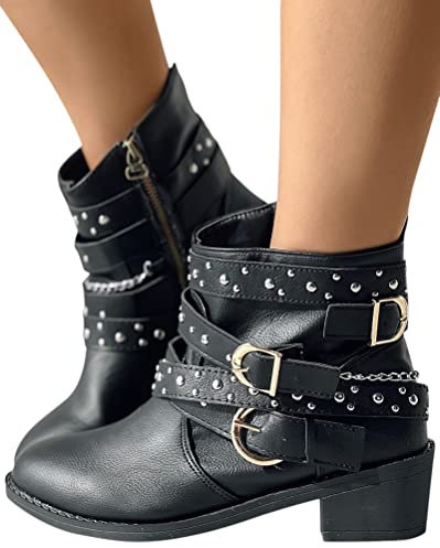 Minetom Damen Stiefeletten Biker Boots Stiefel Blockabsatz Herbst Winter Frauen Schuhe Schnallen Chelsea Boots Vintage Cowboy Boots Combat Mit Seitlicher Reißverschluss A Schwarz 38 EU