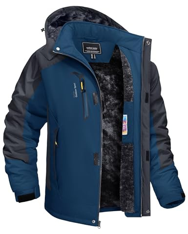 TACVASEN Mens Snow Ski Hiking Jacket Water-Resistant Fleece Liner Softshell Fleece Jacket Winter Ski Jacket Travel Walking Snow Hood Coat Hiking Denim Blue