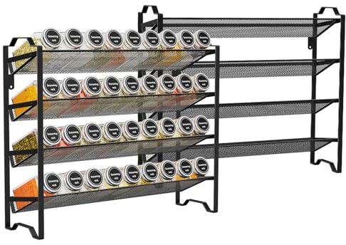 Simple Trending 2 Pack 4 Tier Spice Rack Organizer,Stackable Kitchen Counter Shelves,for Cabinet,Countertop,Pantry, Door or Wall Mount, Metal Mesh,Jars not Included, Black