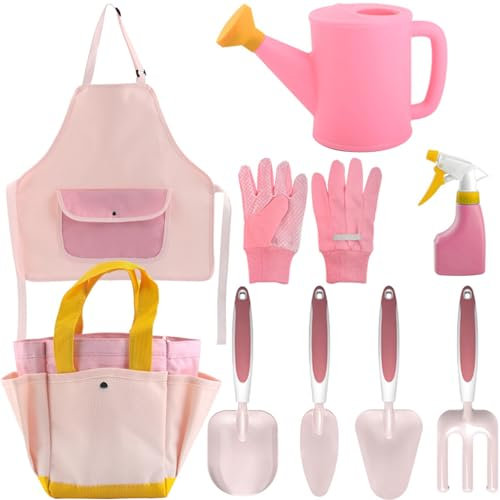 OnIUeZky 9PCS Kids Gartenset, Kleinkindgartenset umfassen Wässern, Handschuhe, Schaufel, Rechen, Garten -Tasche, Schürze, Sprühgerät, Kindergartenwerkzeuge für Jungen Mädchen Geschenk