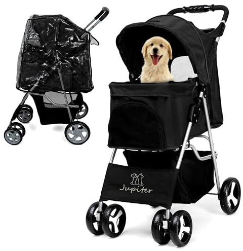 JupiterJX Dog Stroller with Rain Cover, Pet Pram for Small Medium Dogs, Dog Buggy with Storage Basket Cup Holder, Cats Dogs Pushchair, Foldable Pet Pram for Cats Puppies Pets (Black with Rain Cover)
