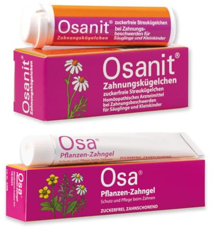 Zahnungshilfe Baby Set: Osanit Zahnungskügelchen + Osa Pflanzen-Zahngel, Lindern die Beschwerden beim Zahnen zweifach, Zuckerfrei, betäubungsmittelfrei