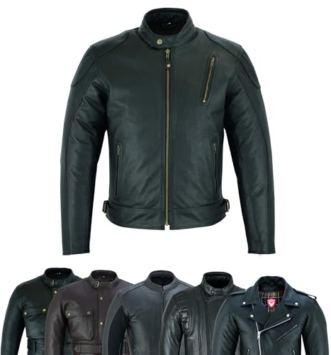 warrior gears Giacca da motociclista in pelle da uomo, corta, originale, da uomo, con protezioni CE rimovibili (L, Nero-MJ1001)