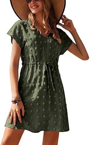 Ekouaer Strandklänningar för kvinnor, sommar, strandskydd, kortärmad, bikini, coverup, v-ringad, vardagsklänning för damer, med dragsko S-XXL