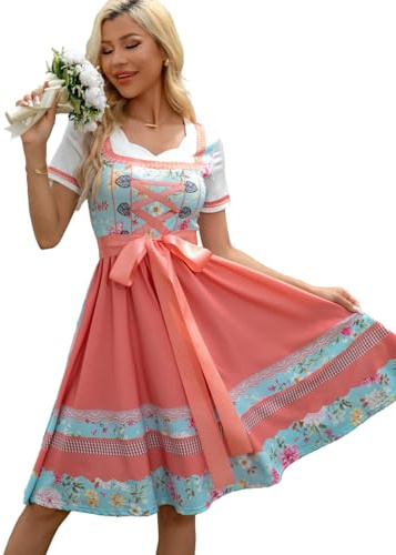 Populus Pink Oktoberfest Dirndl Dress Costume for Women German Traditional Bavarian Printed Outfits