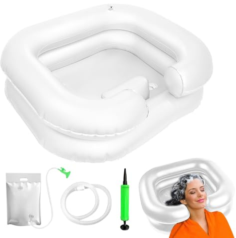 Hårtvättställ för sänghängare, uppblåsbart hårhandfat med duschpåse, duschhuvud och pump, bärbart hår tvätt i sängen med 1 m dräneringsslang, för gravida kvinnor, skadade funktionshindrade