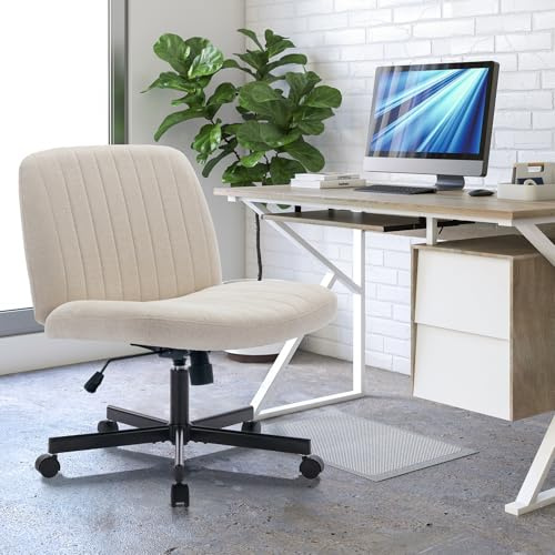 COLAMY Wide Office Chair, Padded Armless Task Vanity Chair Swivel Home Office 115°Rocking Mid Back Ergonomic Computer Chair for Home Working, Make Up, Gaming (With Wheels, Beige)
