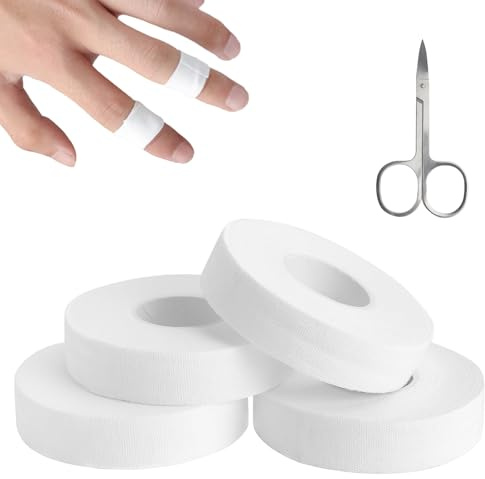 Cinta Deportiva para Dedos 4 Rollos con Tijeras, Esparadrapo de Dedos Tape Transpirable Adhesivo no Daña Piel para Escalada Fútbol y Entrenamiento – 1.5 cm x 10 m Blanco con Bolsa Portátil