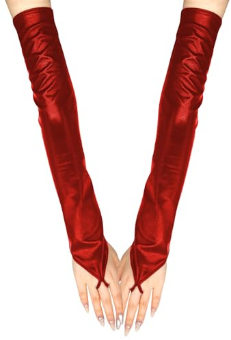 Long Keeper Leder Handschuhe Ohne Finger Damen Lange Fingerlose Handschuhe Ellenbogenlang Kunstleder Sexy Lederhandschuhe für Halloween Tanzen Party Kostüm (Rot)
