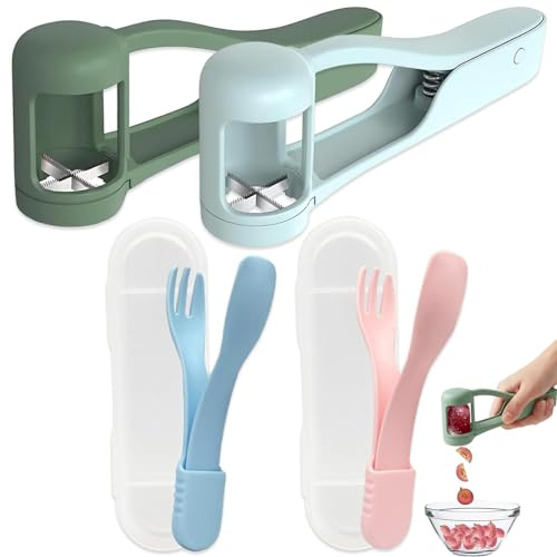2PCS Grape Cutter Set, Stainless Steel Grape Slicer with Spoon & Fork, Quarter Tomato Cherry Strawberry, Fruit Slicer for Vegetable Fruit Salad, Automatic Kitchen Gadgets
