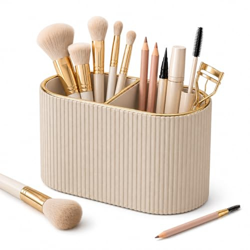 GORESE Organizador de Maquillaje, Soporte para Brochas de Maquillaje Organizador de Cosméticos de Piel PU con 2 Ranuras,Almacenaje Maquillaje Organizador de Escritorio para Tocador Dormitorio(Beige)