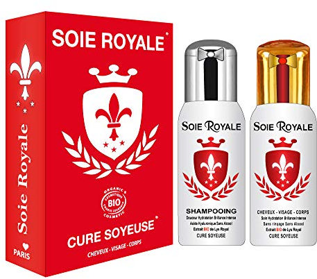 Coffret Soie Royale BIO Cure Soyeuse Sérum 125 ml Soin hydratation Brillance Intense Fleur de Lys BIO Shampoing 125 ml BIO Régénérant Brillant Cheveux Corps Coco Plantes BIO Vitamines Sans alcool