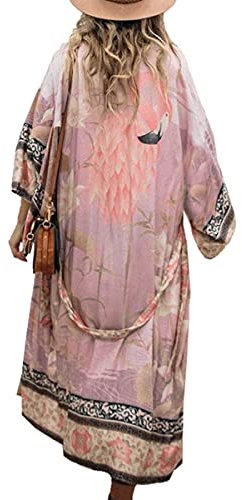 LikeJump Damen Kimono Knielänge Strandkleid Lang Sommerkleid Bikini Cover Up