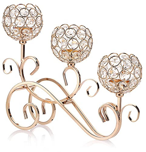 SUMNACON Golden S-Form Kristall Kerzenständer 3-Arm-Kristallschalen aus Glas Metall Kerzenhalter Teelicht Dekorativer Kandelaber Kerzenhalter für Weihnachten Halloween Hochzeit(Gross)