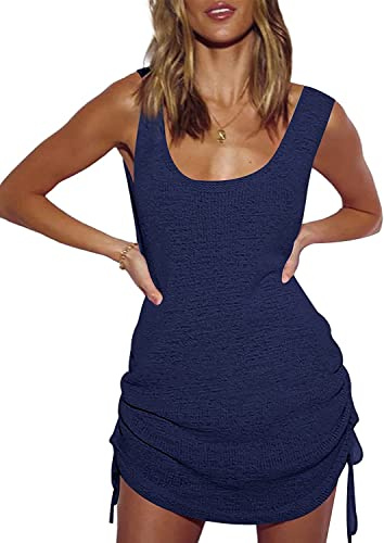 YouKD Dam ihålig stickad tunika genomskinlig virkad topp strandskydd poncho sommar strand täcka upp klänning, B Mörkblå, one size