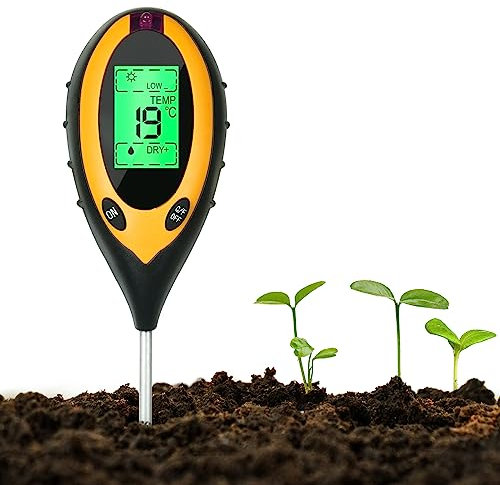 flintronic Testeur de Sol 4 en 1 pH-mètre, Testeur de Thermomètre de Plante Numérique avec Éclairement/Température/PH du Sol/Humidité du Sol, Jardin Hygromètre 4 en 1 Testeur de Sol