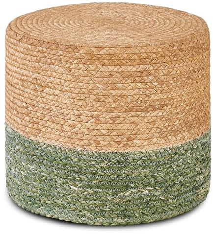 Wimarsbon 18'' Ottoman Pouf, Natural Braided Poof, Rustic Handweave Lounge Pouffe, Boho Footrest Stool for Bedroom, Accent Table for Living Room (Natural Water Hyacinth + Green Corn Husk)