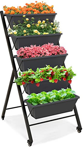 HOMASIS Vertikales Hochbeet mit 5 Etagen, Blumenbeet mit 5 Pflanzkästen, Vertikalbeet mit Rollen, Blumentreppe aus Metall, Gemüsebeet Blumenkasten für Balkon Garten (Schwarz, 57 x 68 x 117 cm)