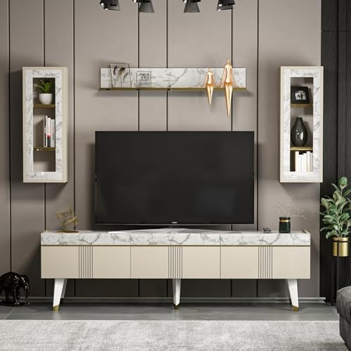 Homidea KARYA Wohnwand – Wohnzimmer TV Set – TV Schrank – TV Lowboard – Fernsehtisch - TV Möbel mit 3 Türen in modernem Design (Beige/Marmor)