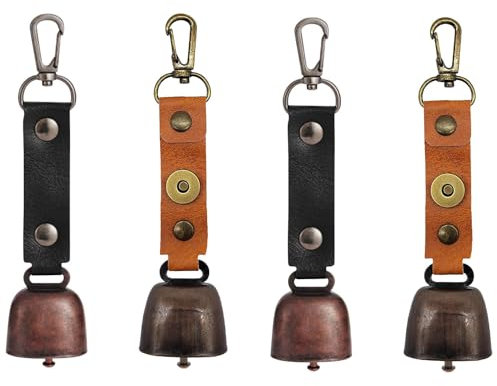 JINJUMEI 4 Stück Kupferglocken, Metall Vintage Kuhglocke Laute Bärenglocken Anti Verlust Haustierglocke Notglocke Ortungsglocke Tragbar für Outdoor-Wanderungen, Rucksack-Anhänger, Tierhalsbä
