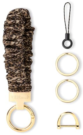 WEESMILE Keychain Wristlet, Stretchy Key Chain for Car Keys with D ring, Cute Scrunchie Wrist Bracelet for Women Men (Print Leopard)