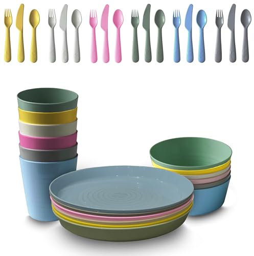 36 Pcs Kids Plastic Dinnerware Set - BPA-Free Colorful Plates, Bowls, Tumblers, Spoons, Forks, and Knives - Safe, Lightweight, and Durable Tableware for Toddlers, Kids, and Parties