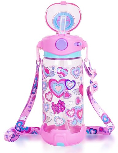 Kids Water Bottle with Straw & Strap for School Kids Girls Boys, 22oz BPA Free Child Drinking Water Bottle One-Click-Open Leak-Proof Locking Flip Lid for Back to School Sport Travel