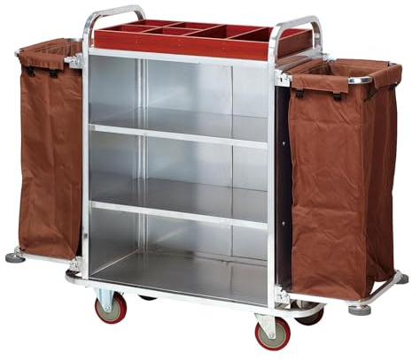 Carrello Portaoggetti per Hotel, Carrello per Lavanderia Commerciale, Carrello per Pulizie con Ruote Salvaspazio, Due Grandi Sacche Portaoggetti Impermeabili, Tre Vassoi