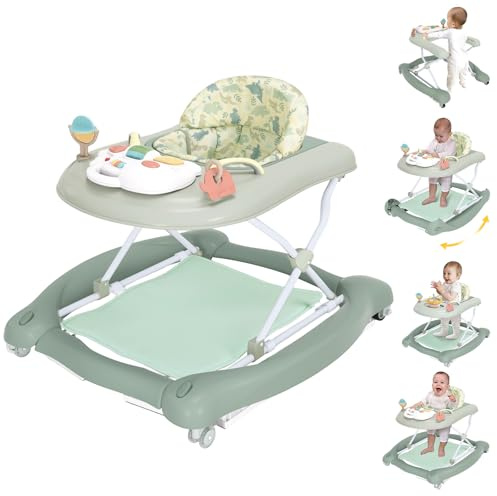 5 in 1 Foldable Baby Walker,Activity Baby Walker-Baby Bouncer,Rocker,Activity Center,Seat and Push Walker,Detachable Footrest Mat,Adjustable Speed Rear Wheels and Height,Ages 6-18 Months (Light Green)